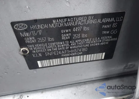 2017 Hyundai Sonata Se z USA, uszkodzony, nr VIN 5NPE24AF1HH574180